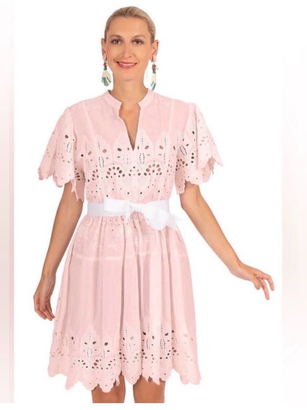 Gretchen Scott Designs Pale Pink Eyelet Belted Mini Dress